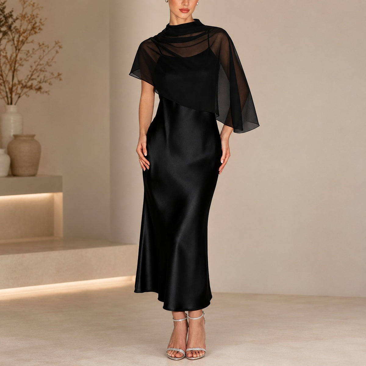 Kleid Lenora™ mit transparentem asymmetrischem Überwurf und Satinoptik