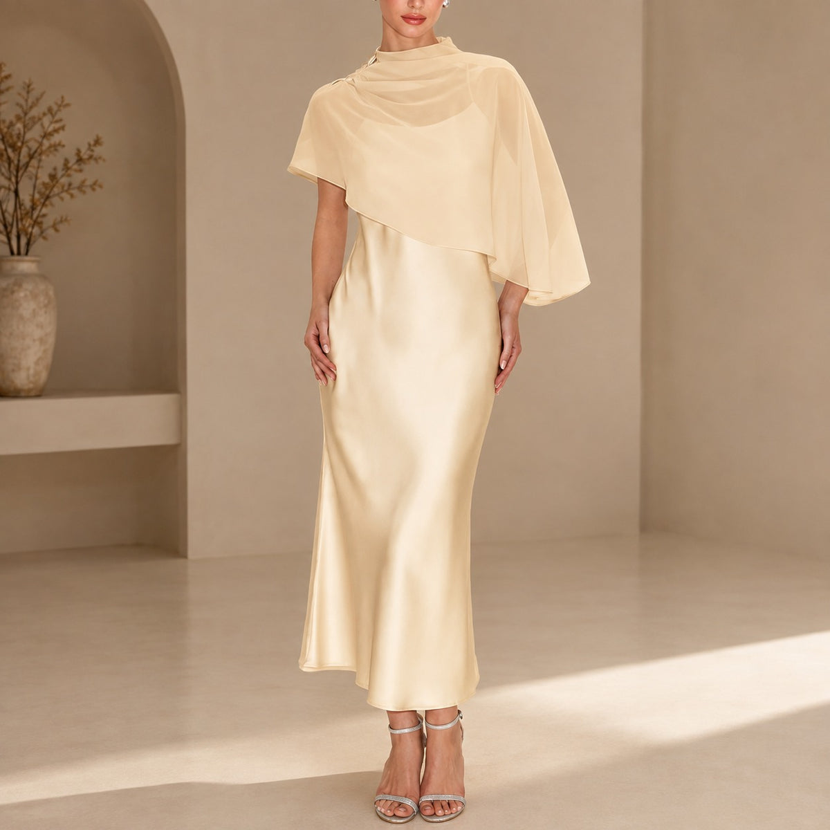 Kleid Lenora™ mit transparentem asymmetrischem Überwurf und Satinoptik