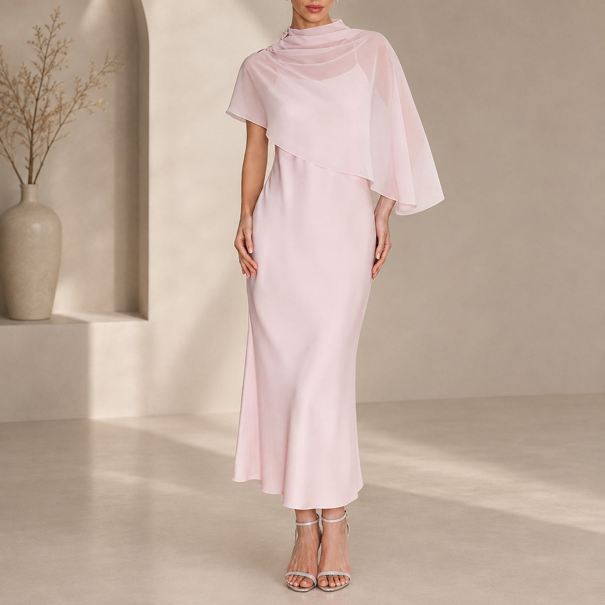 Kleid Lenora™ mit transparentem asymmetrischem Überwurf und Satinoptik