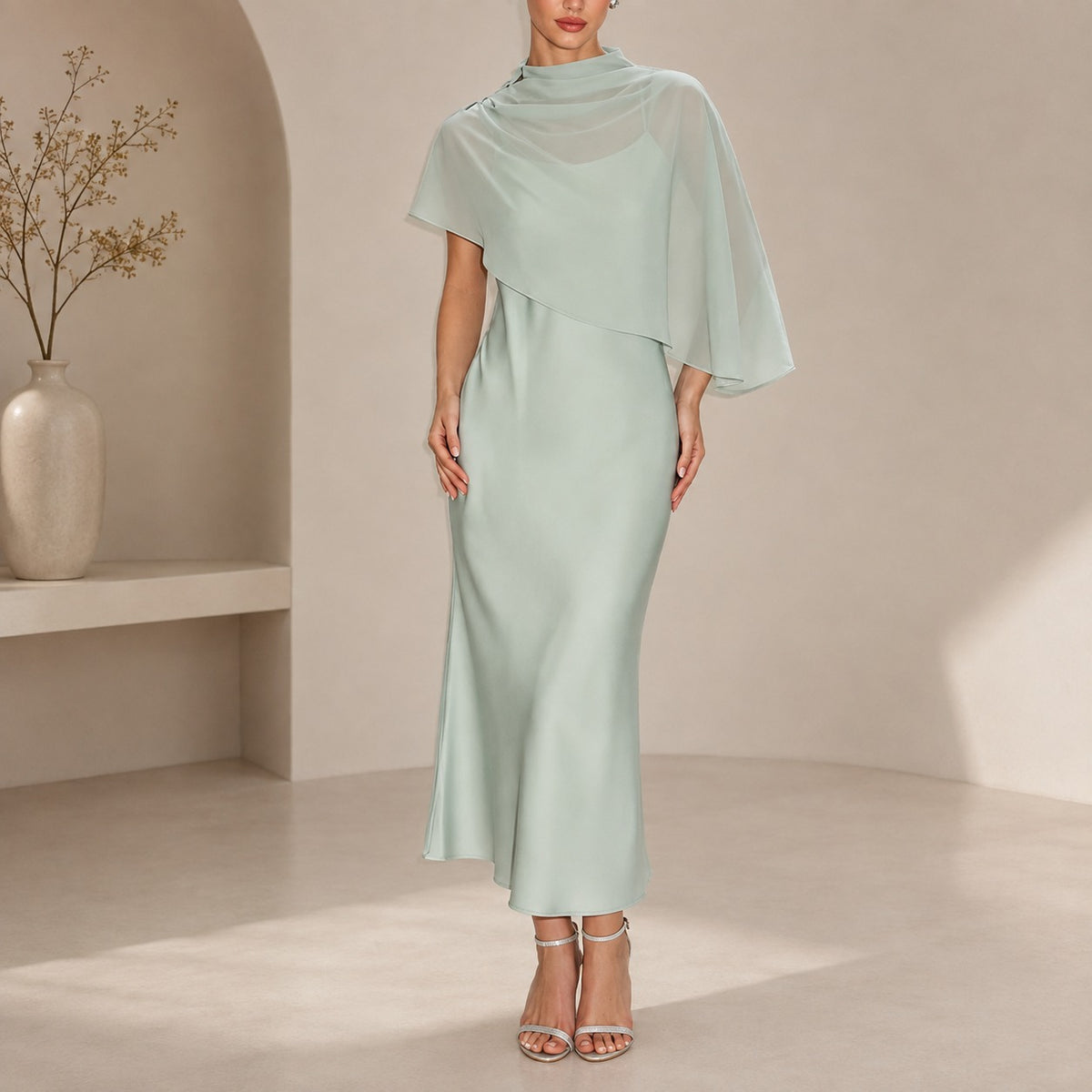 Kleid Lenora™ mit transparentem asymmetrischem Überwurf und Satinoptik