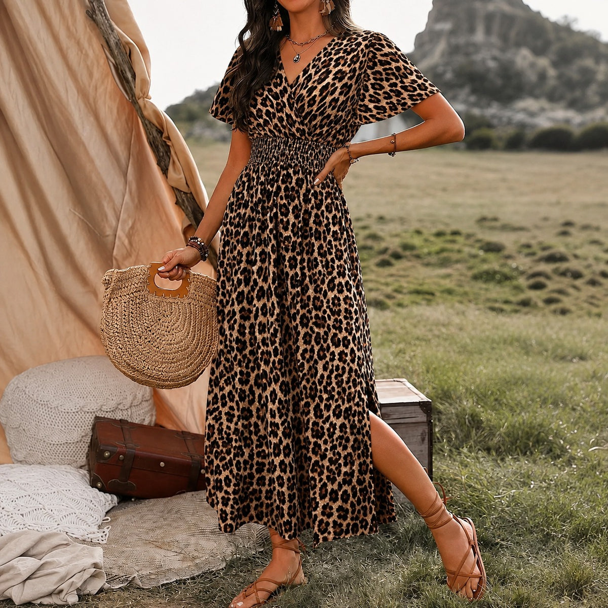 Kleid Linnea™ mit Wickel-V-Ausschnitt, geraffter Taille und Seitenschlitz