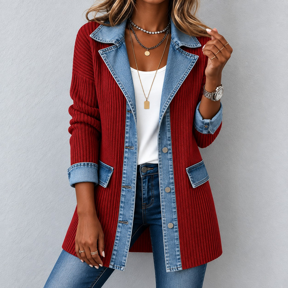 Jacke Thea™ aus Rippstrick mit Denim-Details