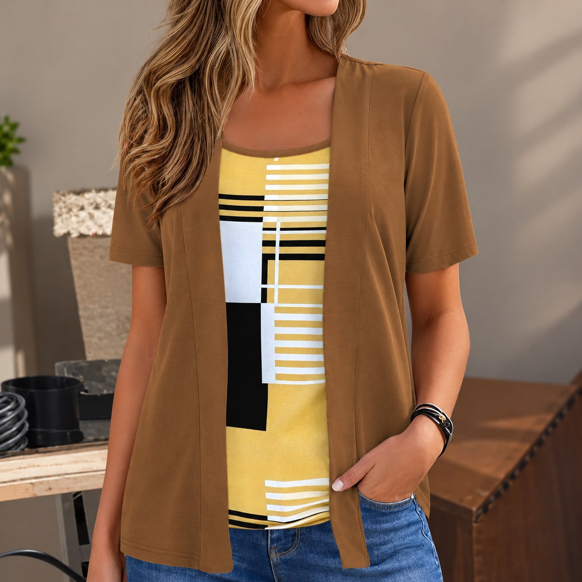 Bluse Meike™ 2-in-1 mit offenem Lagenlook und geometrischem Muster