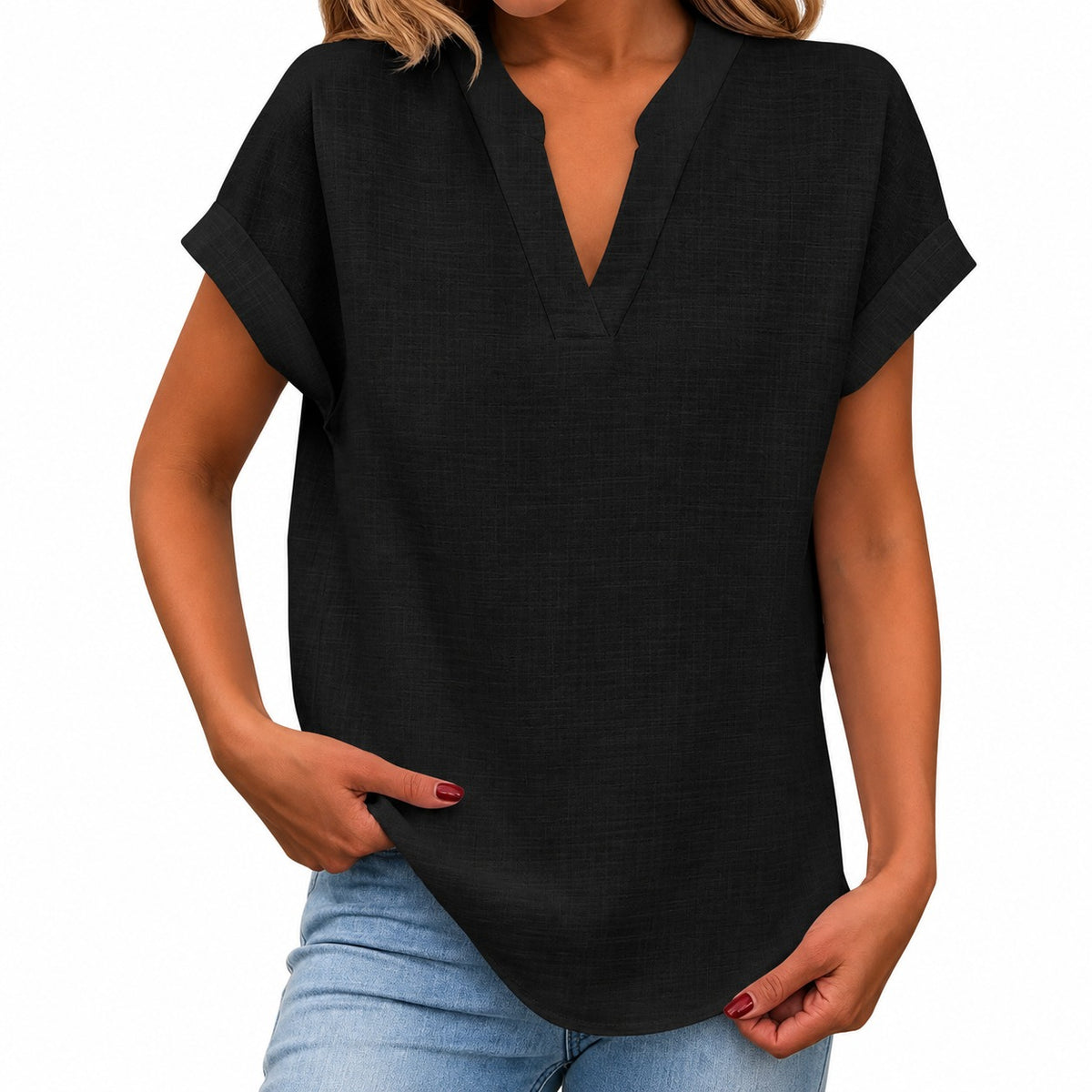 Nele™ Bluse mit umgeschlagenen kurzen Ärmeln und abgerundetem Saum