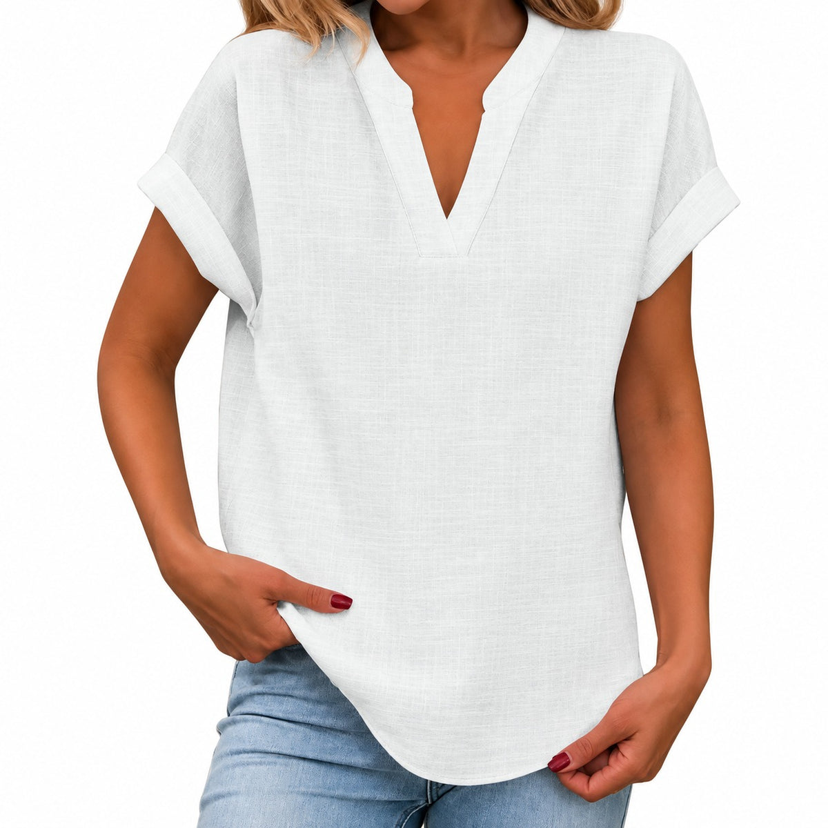Nele™ Bluse mit umgeschlagenen kurzen Ärmeln und abgerundetem Saum