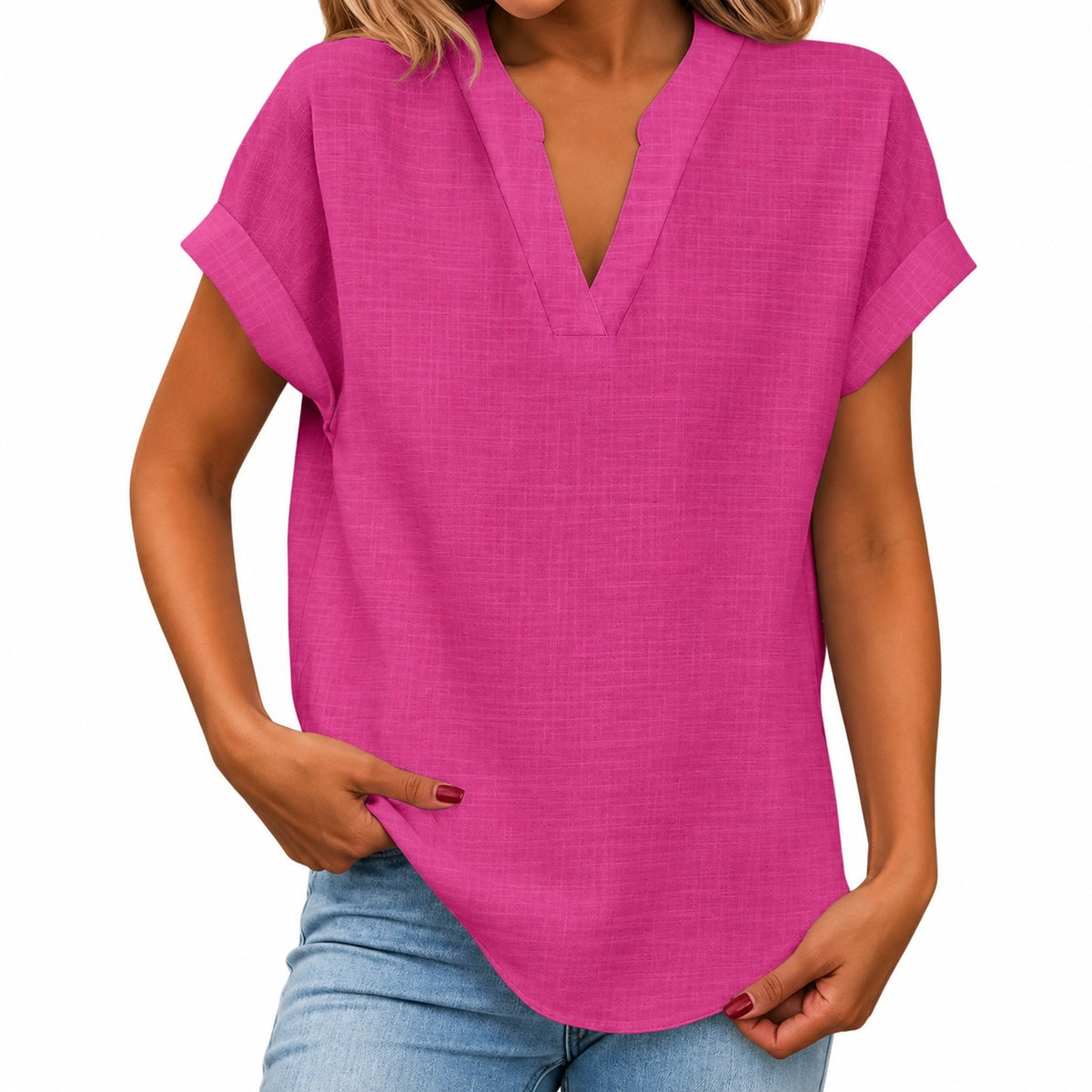 Nele™ Bluse mit umgeschlagenen kurzen Ärmeln und abgerundetem Saum