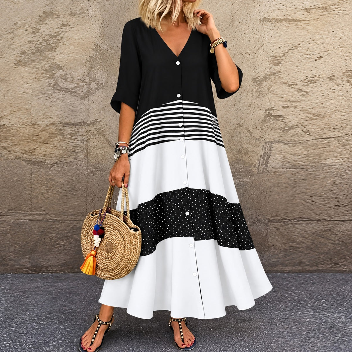 Kleid Liesel™ mit Kontrastflächen, Streifen und Knopfleiste