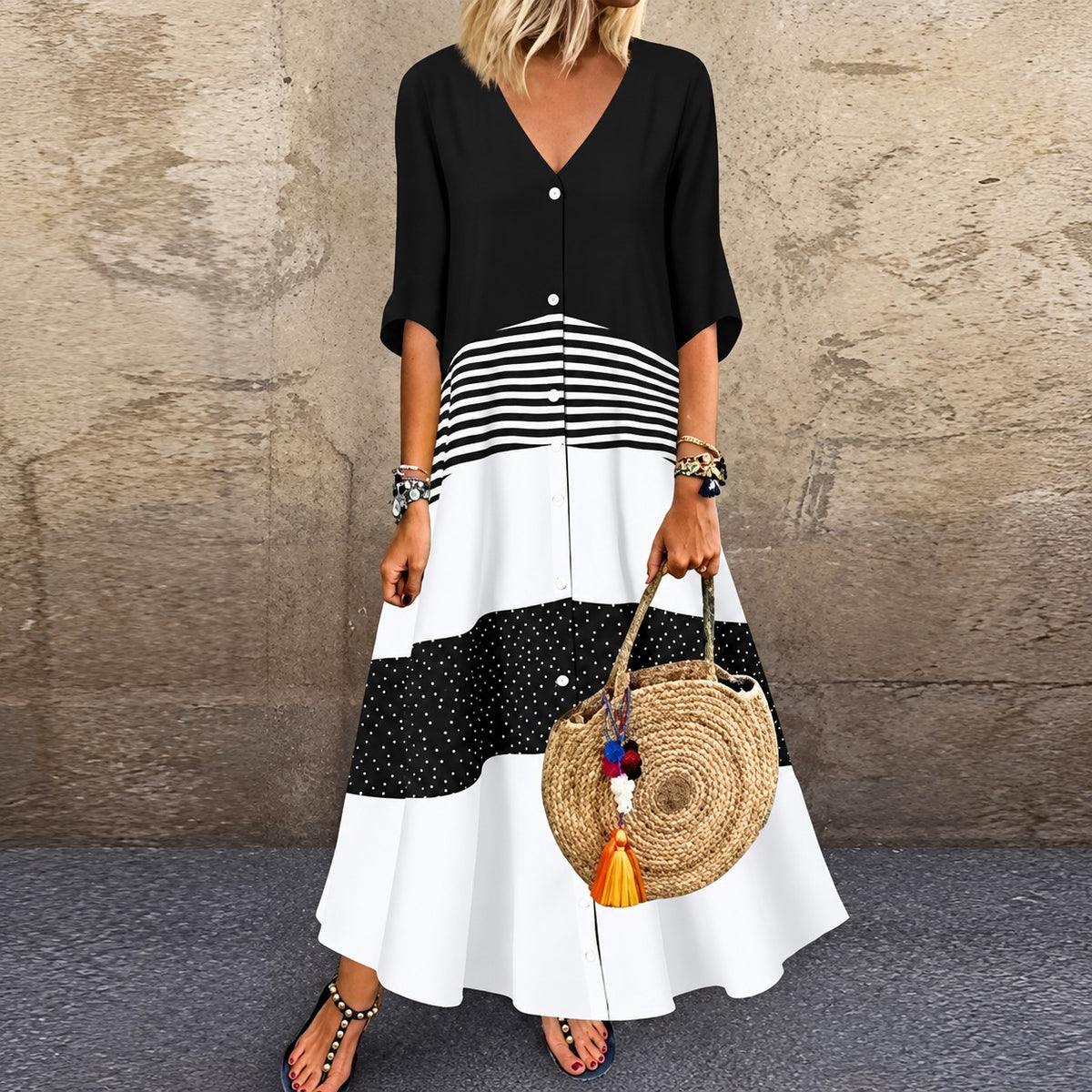 Kleid Liesel™ mit Kontrastflächen, Streifen und Knopfleiste