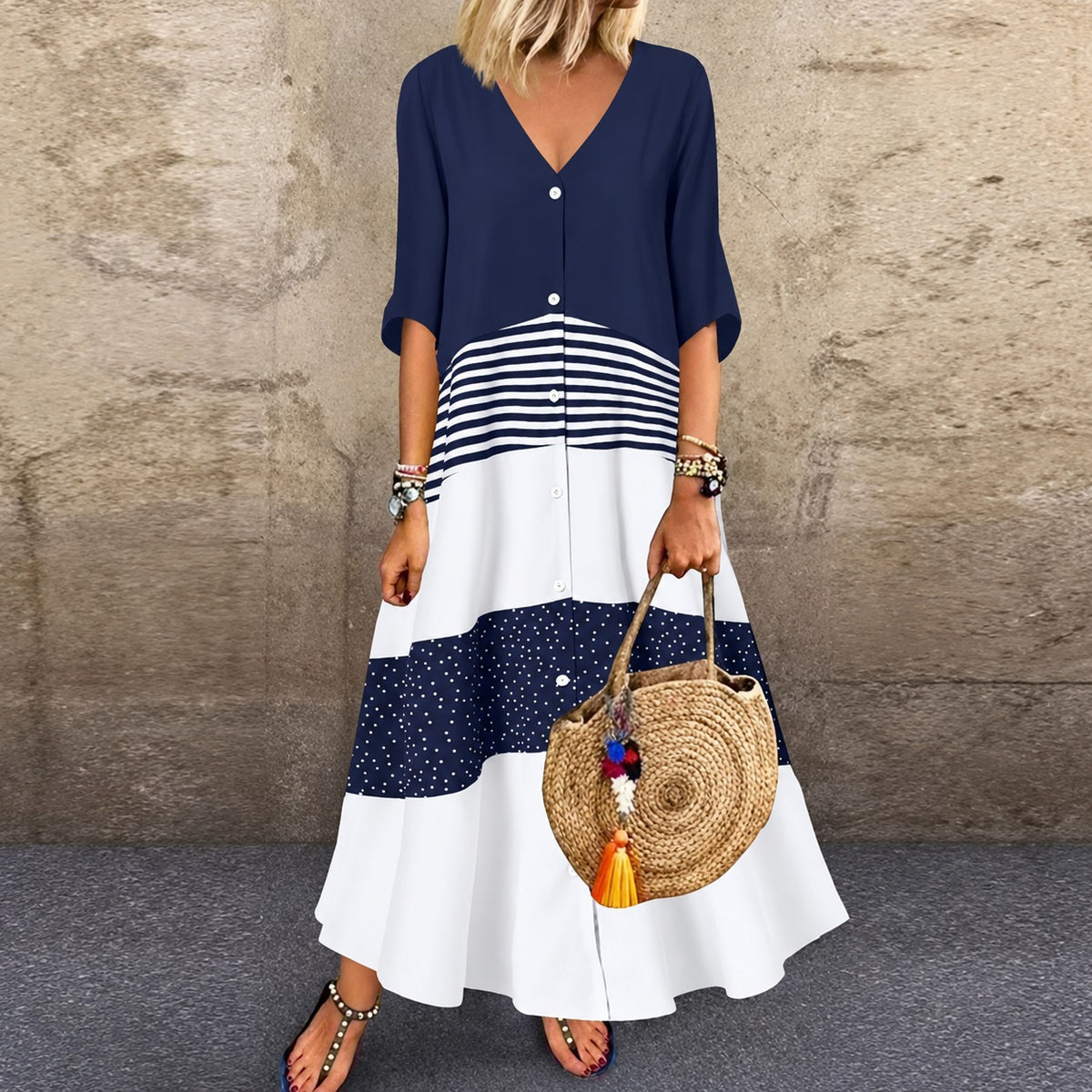 Kleid Liesel™ mit Kontrastflächen, Streifen und Knopfleiste
