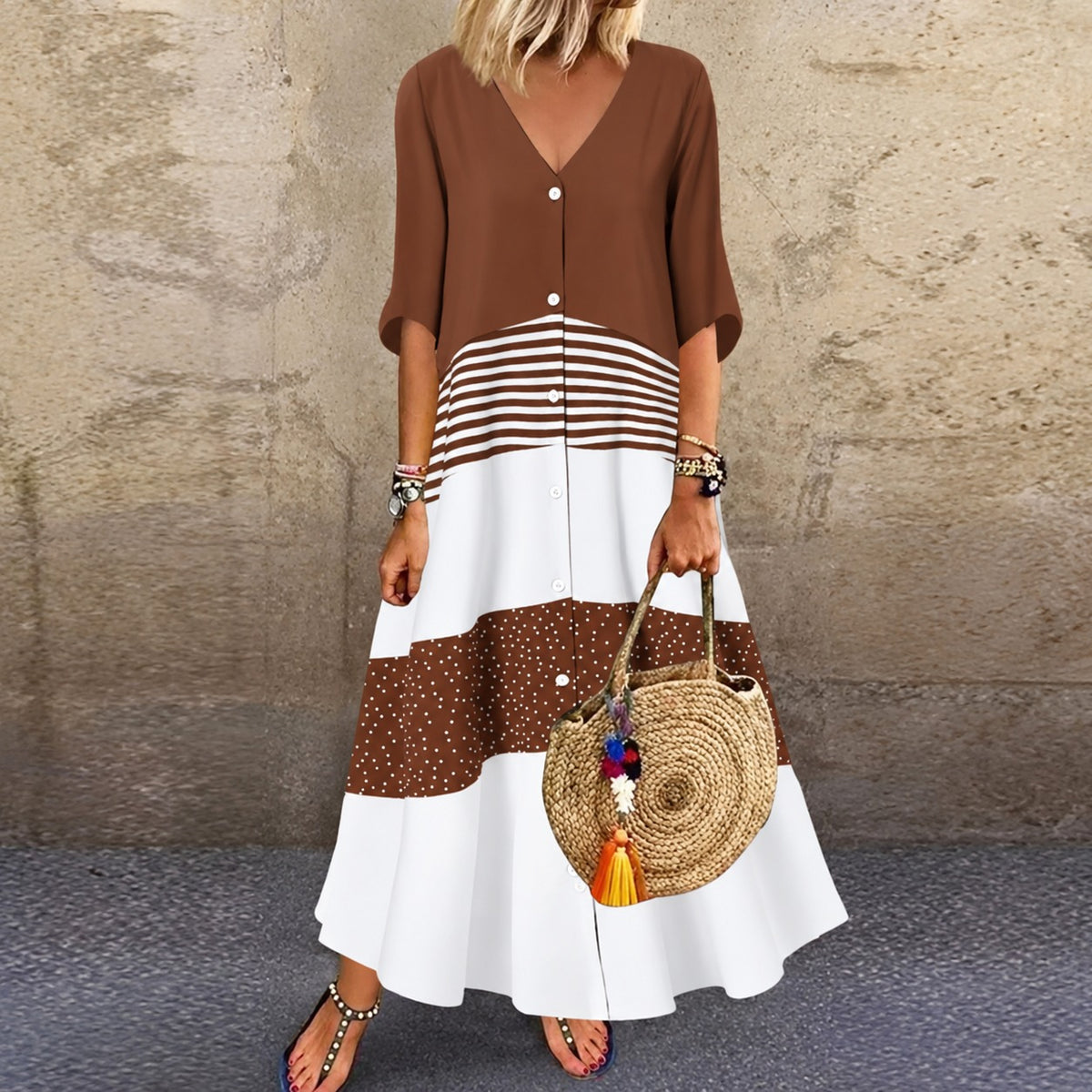 Kleid Liesel™ mit Kontrastflächen, Streifen und Knopfleiste
