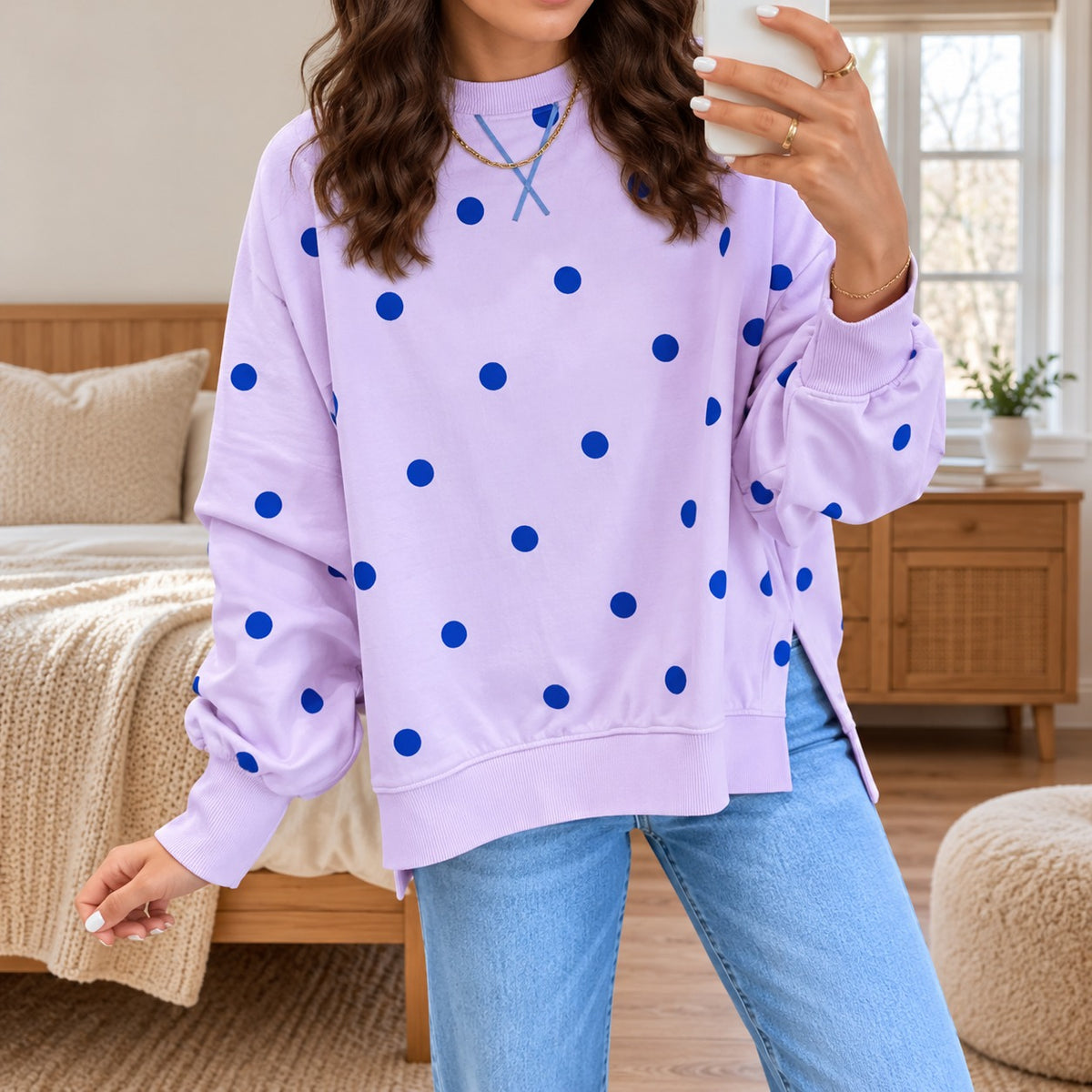 Valine™ Bluse mit Kontrastierenden Punkten, Weiter Passform und Asymmetrischem Saum