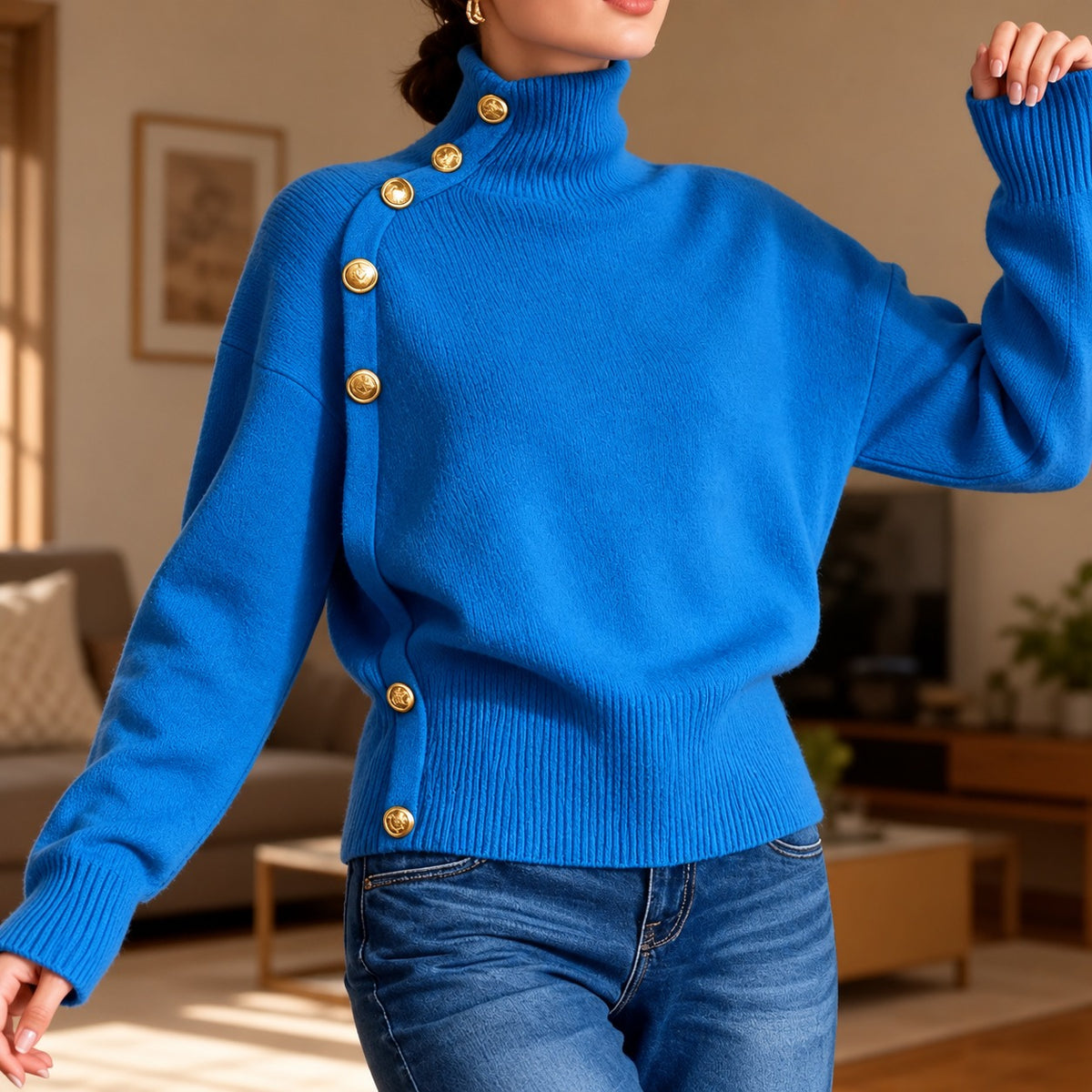 Strickpullover Greta™ mit Stehkragen, asymmetrischen goldfarbenen Knöpfen und Rippbund