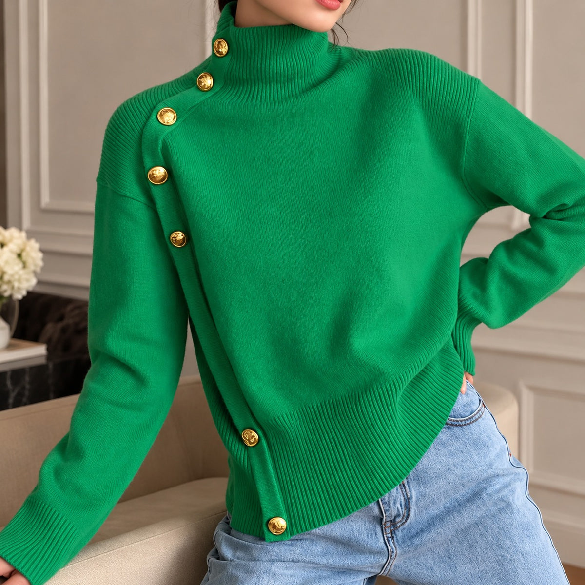 Strickpullover Greta™ mit Stehkragen, asymmetrischen goldfarbenen Knöpfen und Rippbund