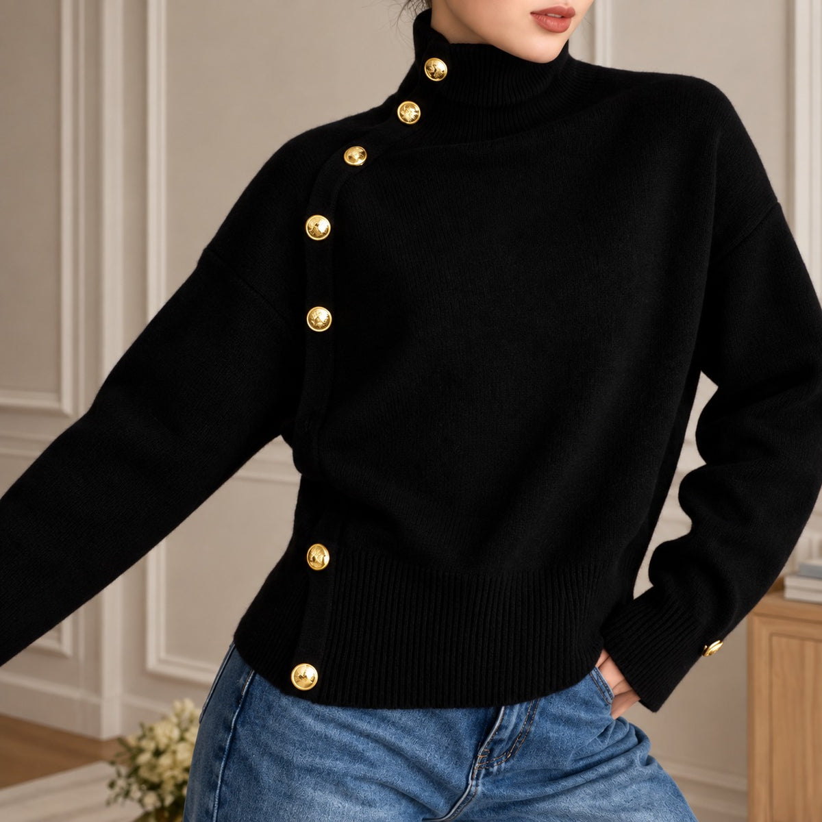 Strickpullover Greta™ mit Stehkragen, asymmetrischen goldfarbenen Knöpfen und Rippbund