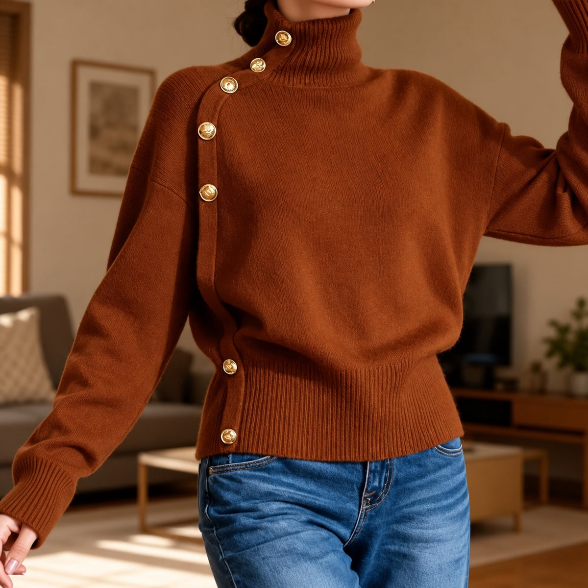 Strickpullover Greta™ mit Stehkragen, asymmetrischen goldfarbenen Knöpfen und Rippbund