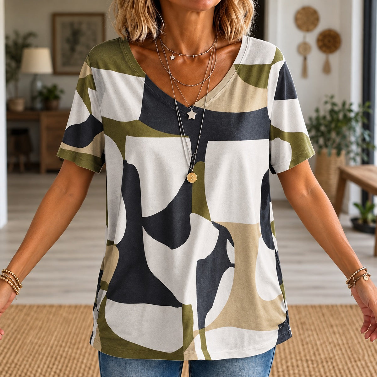Bluse Weimar™ mit abstraktem Print, V-Ausschnitt und lockerem Schnitt