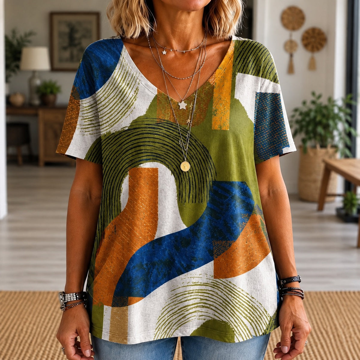 Bluse Weimar™ mit abstraktem Print, V-Ausschnitt und lockerem Schnitt
