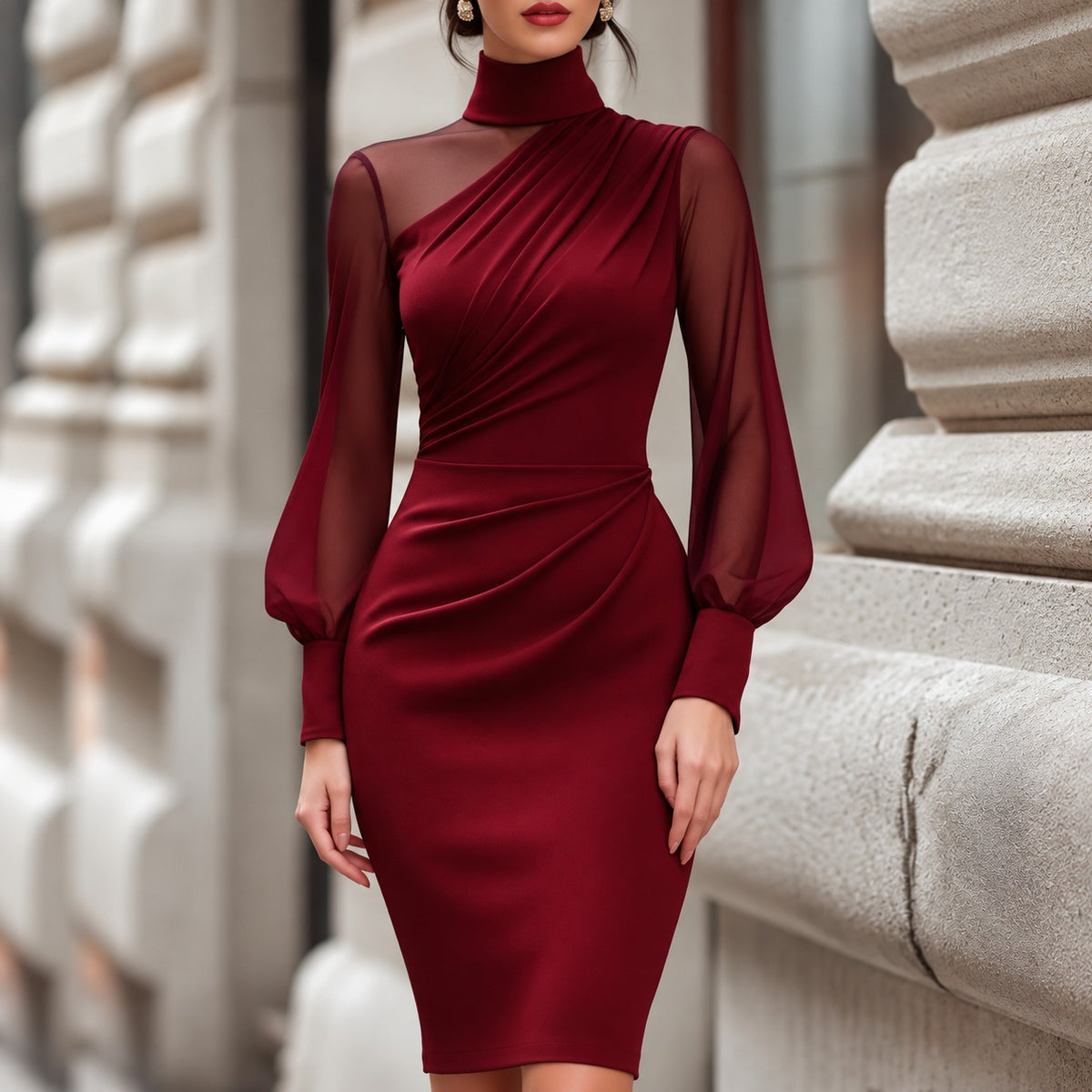 Kleid Leonie™ mit asymmetrischer Drapierung, Stehkragen und transparenten Ärmeln