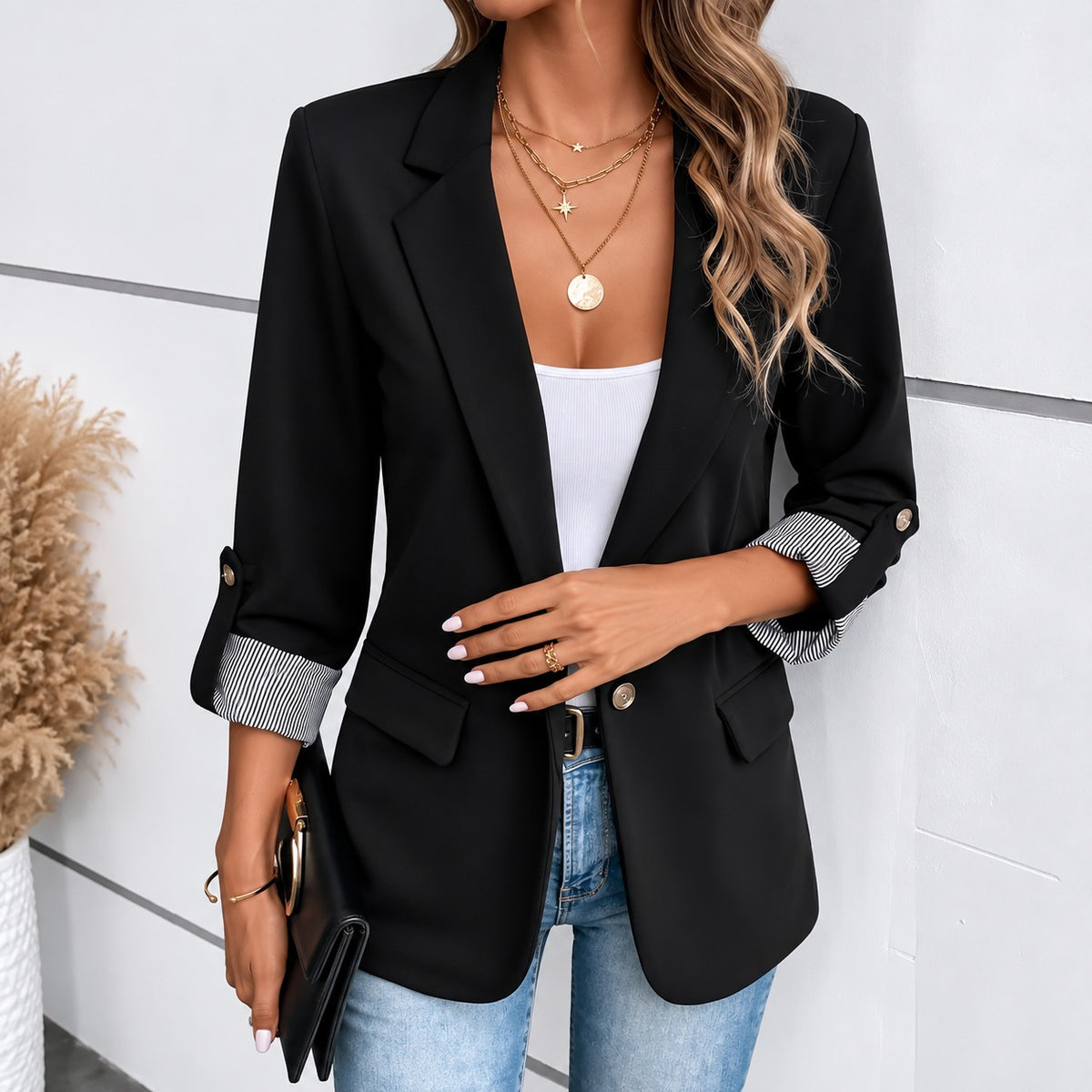 Blazer Paulina™ mit klassischem Revers, Pattentaschen und gestreiften Ärmelaufschlägen
