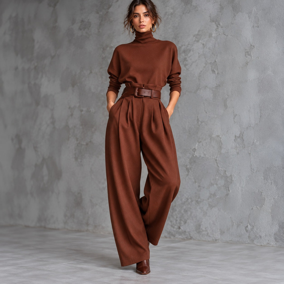 Stella™ Zweiteiler mit hochgeschlossenem Oberteil und Bundfaltenhose mit Gürtel