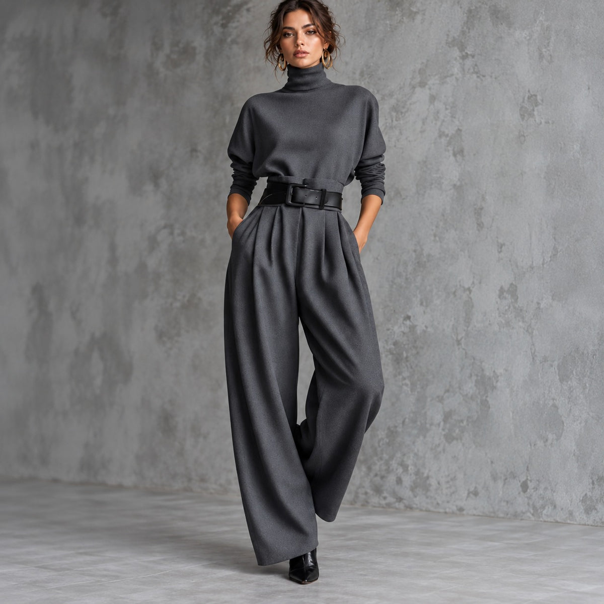 Stella™ Zweiteiler mit hochgeschlossenem Oberteil und Bundfaltenhose mit Gürtel
