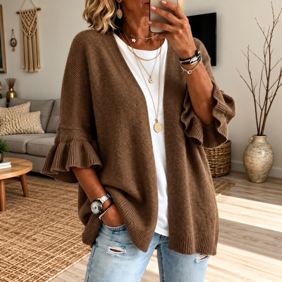 Strickjacke Gesine™ mit strukturierter Strickoptik, offener Front und ausgestellten Ärmeln