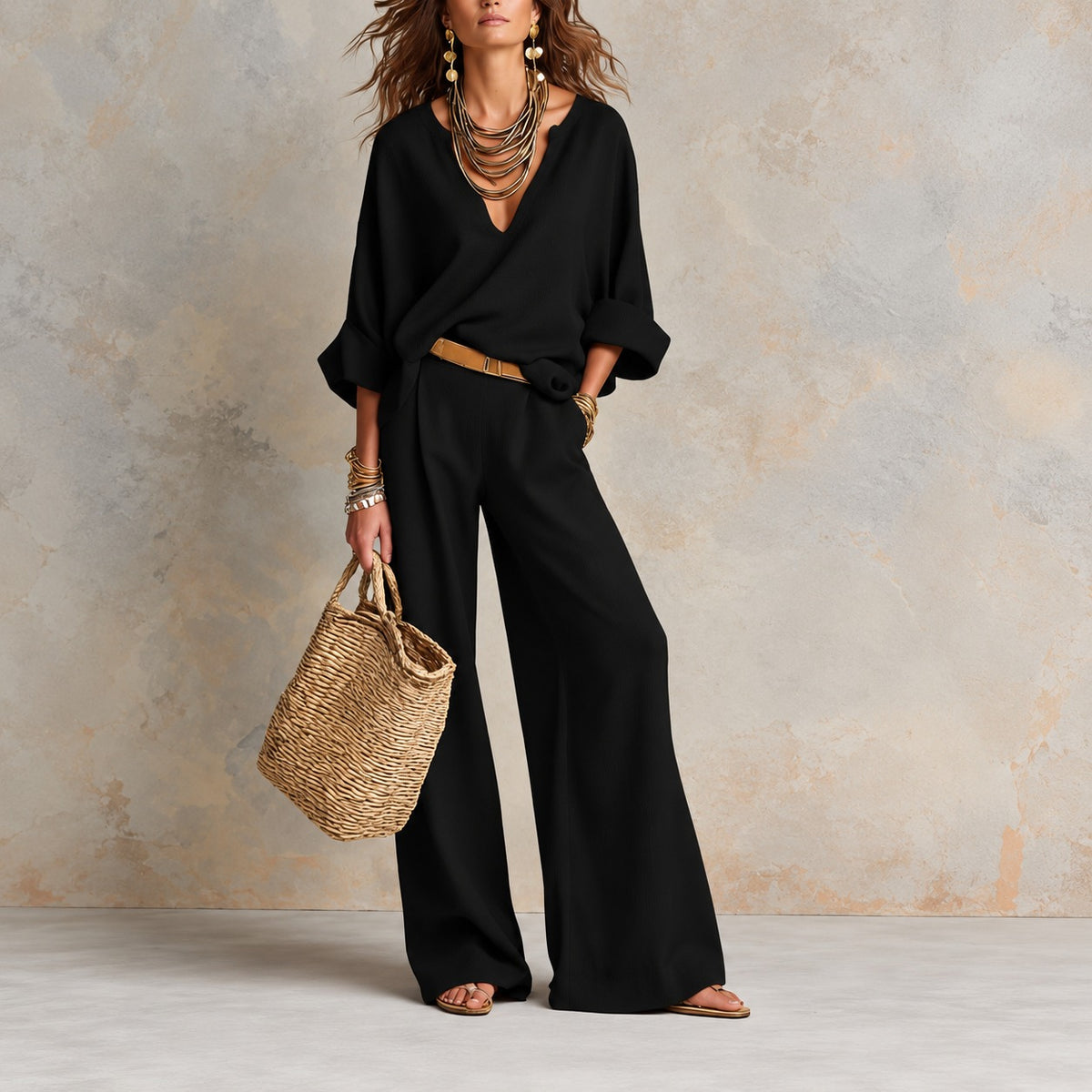 Set Livia™ mit lockerem V-Ausschnitt-Oberteil und weiter Hose
