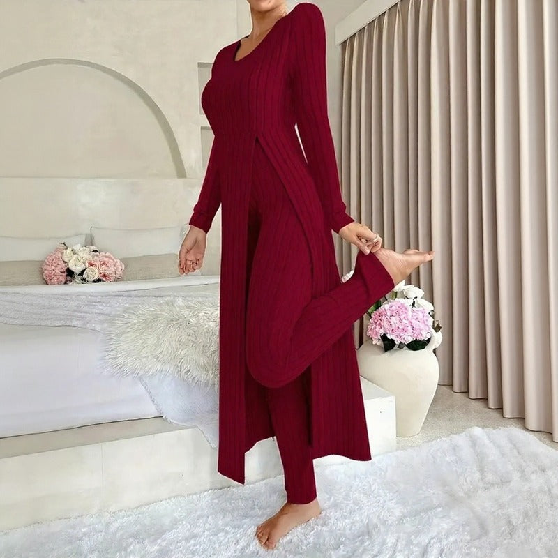 Hera™ Zweiteiler mit langem Oberteil in Lagenoptik, Seitenschlitz und High-Waist-Hose