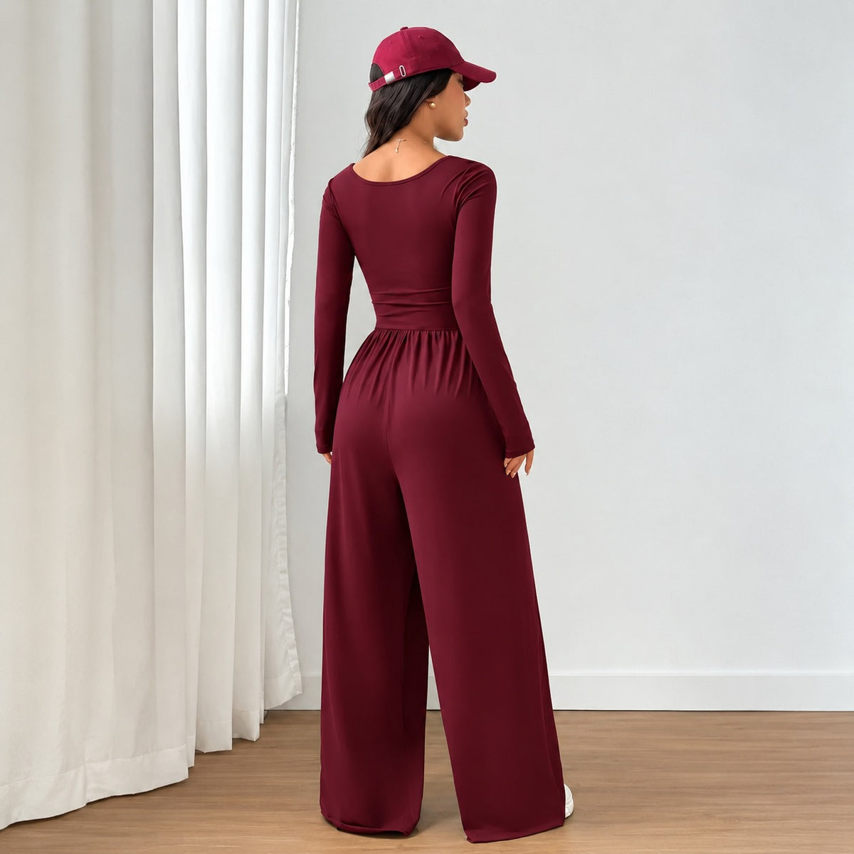 Selena™ Damen-Jumpsuit mit weitem Bein, langen Ärmeln und betonter Taille