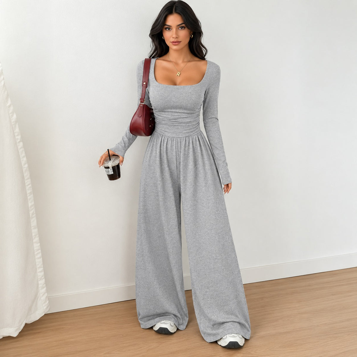 Selena™ Damen-Jumpsuit mit weitem Bein, langen Ärmeln und betonter Taille