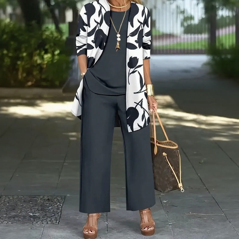 Magnolia™ 3-Teiliges Set mit Lockerer Bluse, Palazzo-Hose und Langem Floral-Cardigan