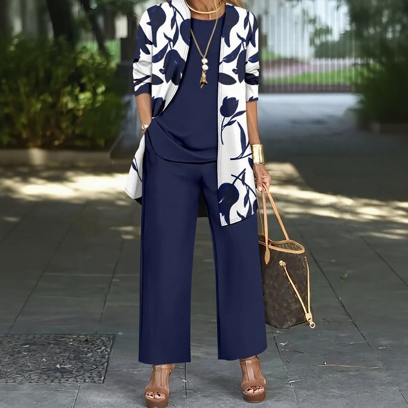 Magnolia™ 3-Teiliges Set mit Lockerer Bluse, Palazzo-Hose und Langem Floral-Cardigan