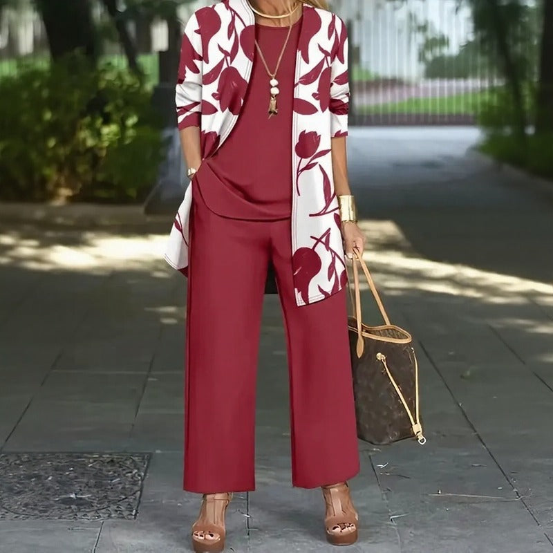 Magnolia™ 3-Teiliges Set mit Lockerer Bluse, Palazzo-Hose und Langem Floral-Cardigan