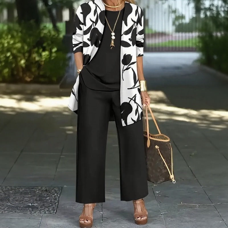 Magnolia™ 3-Teiliges Set mit Lockerer Bluse, Palazzo-Hose und Langem Floral-Cardigan