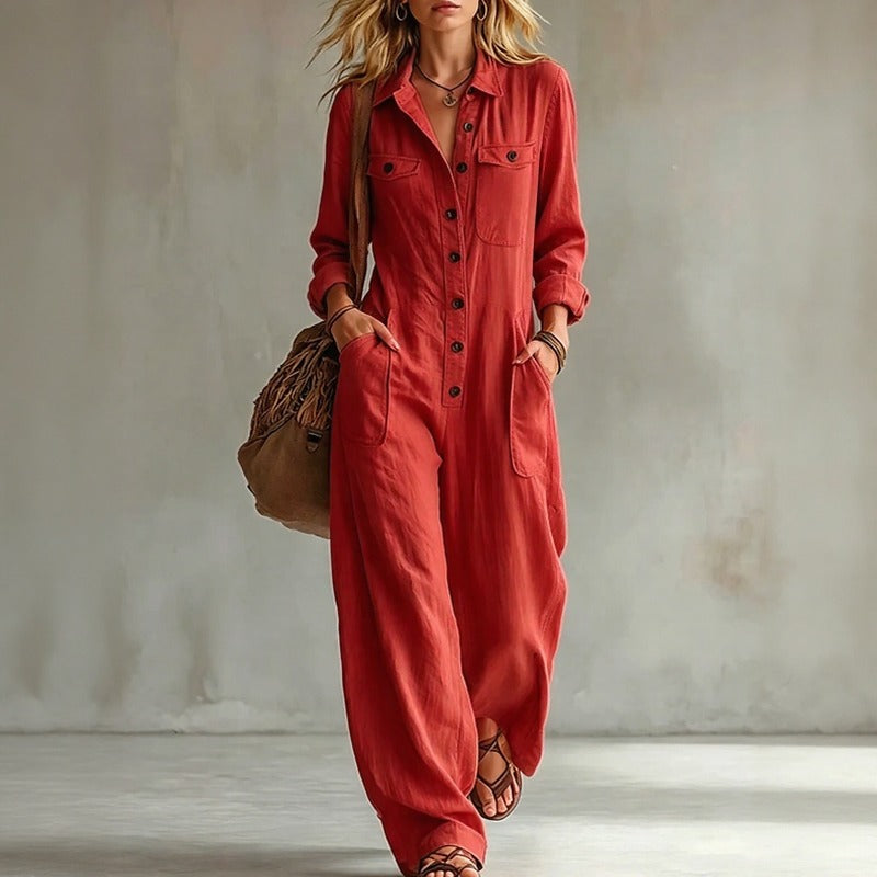 Amarisa™ Jumpsuit mit Elegantem Kragen, Frontknöpfen und Utility-Taschen