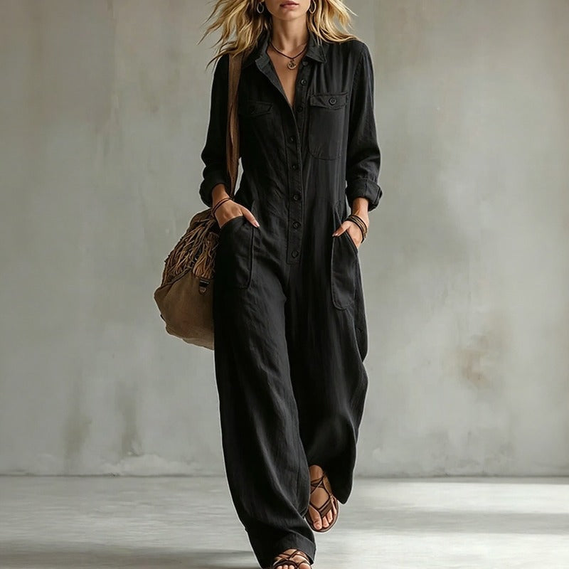 Amarisa™ Jumpsuit mit Elegantem Kragen, Frontknöpfen und Utility-Taschen