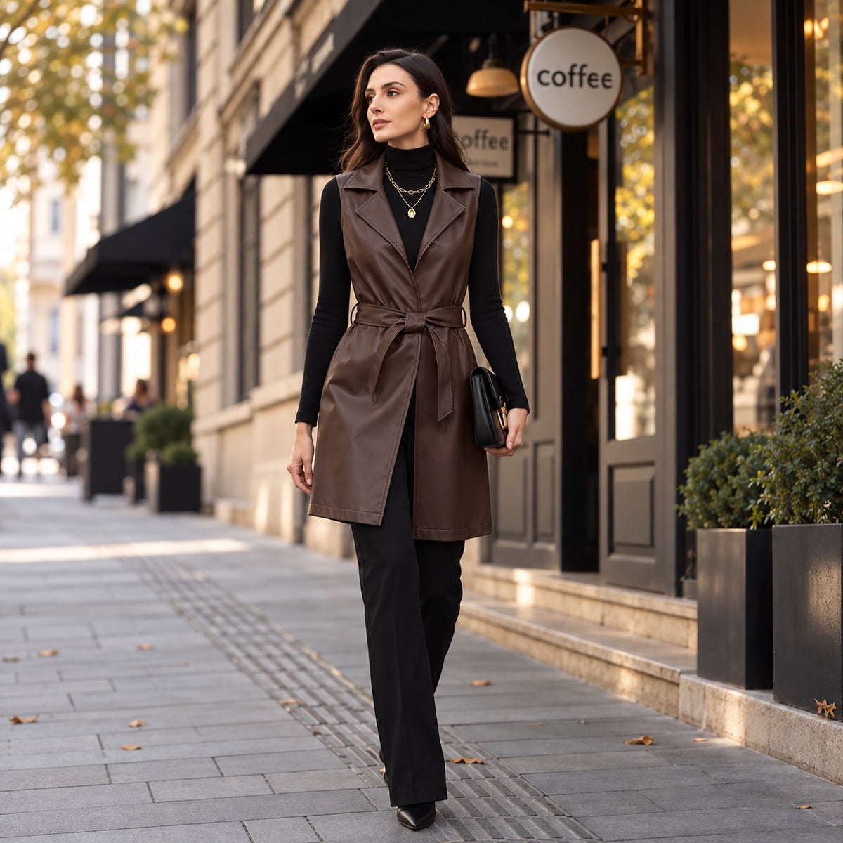 Alessia™ Longweste aus Premium-Kunstleder mit breitem Revers und Bindegürtel
