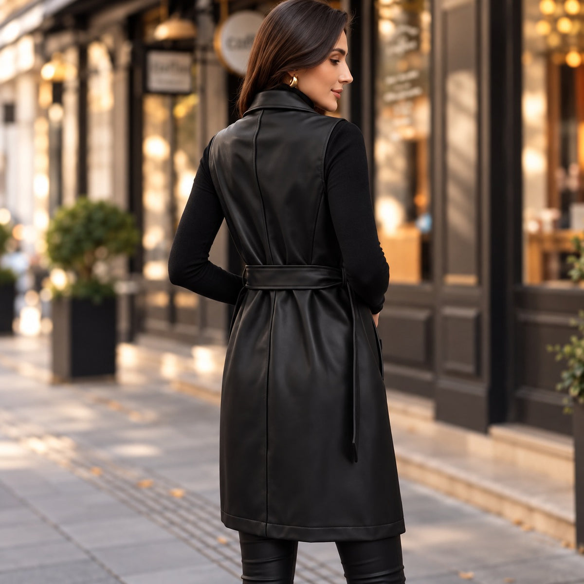 Alessia™ Longweste aus Premium-Kunstleder mit breitem Revers und Bindegürtel