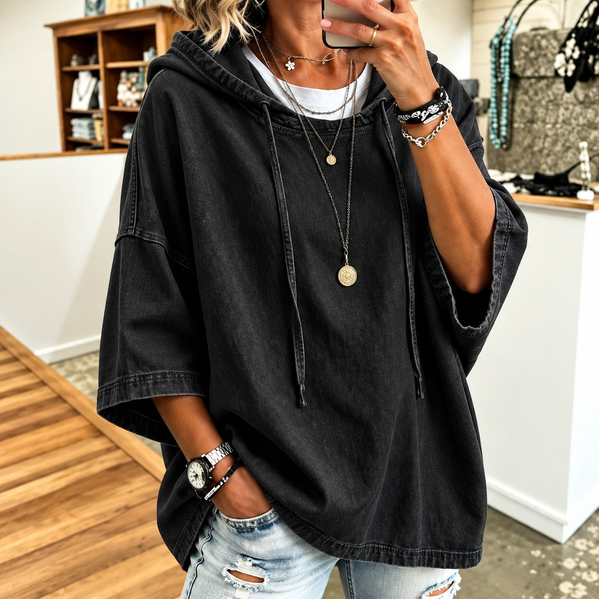 Jeansbluse Greta™ mit Kapuze, weiten 3/4-Ärmeln und Oversize-Schnitt