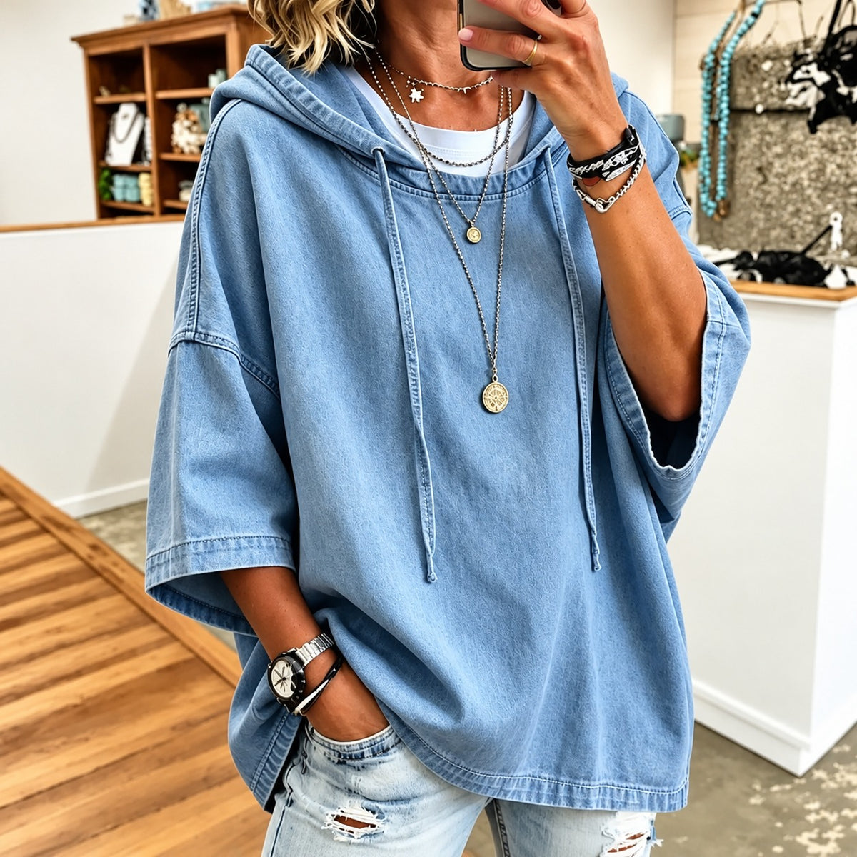 Jeansbluse Greta™ mit Kapuze, weiten 3/4-Ärmeln und Oversize-Schnitt