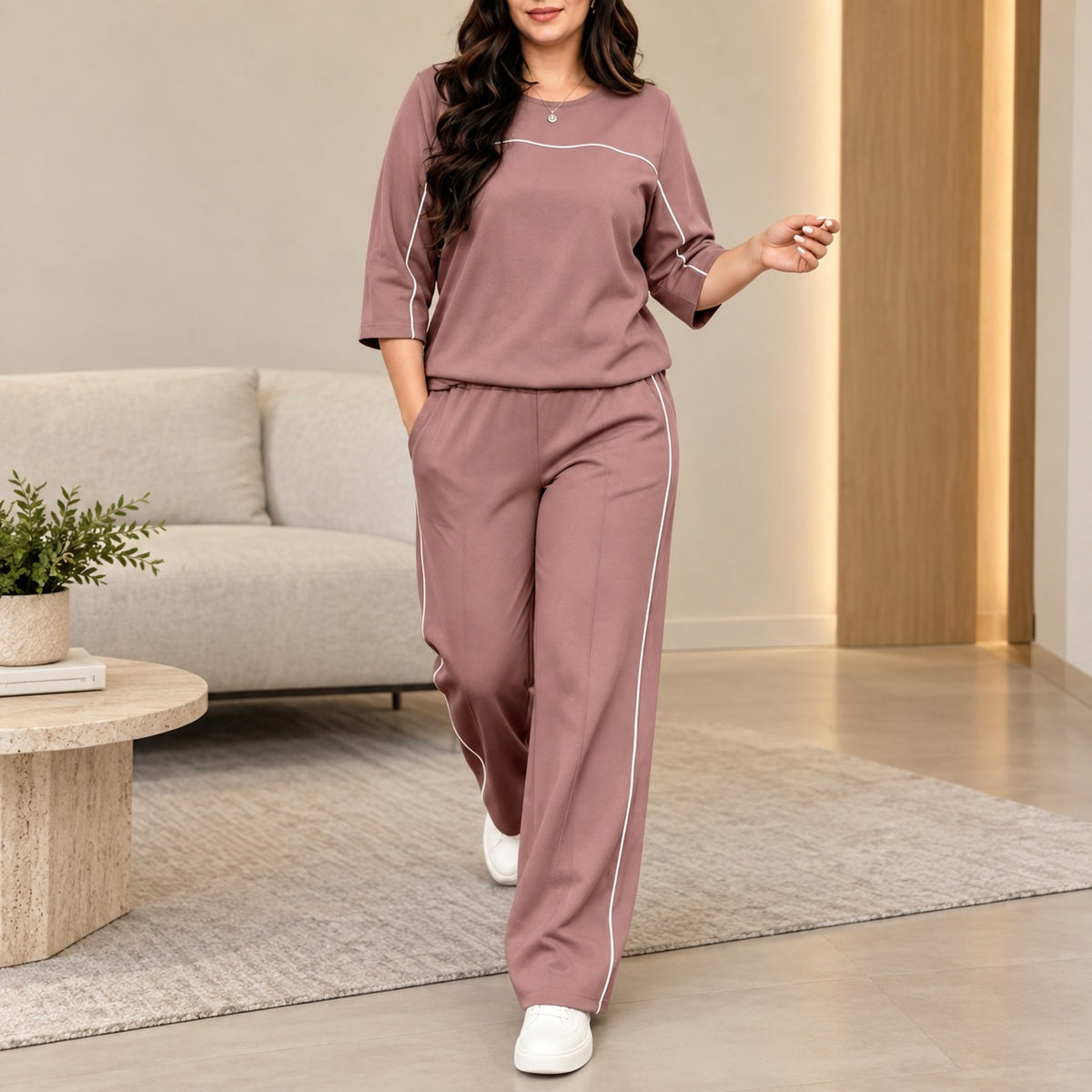 Set Svea™ mit Oberteil mit Kontrastpaspeln und weit geschnittener Hose