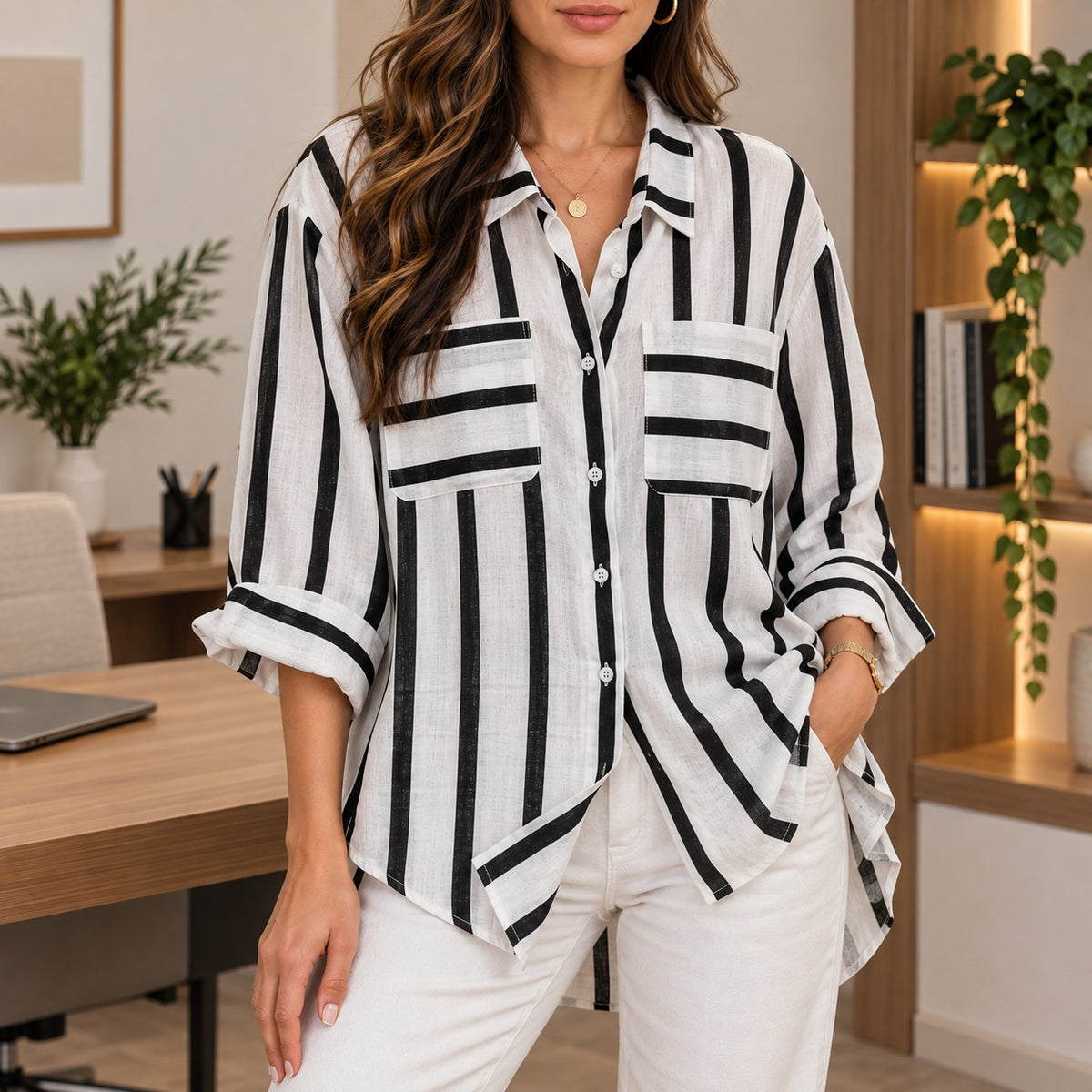 Hemdbluse Alina™ mit Kontraststreifen, Brusttaschen und weitem Schnitt