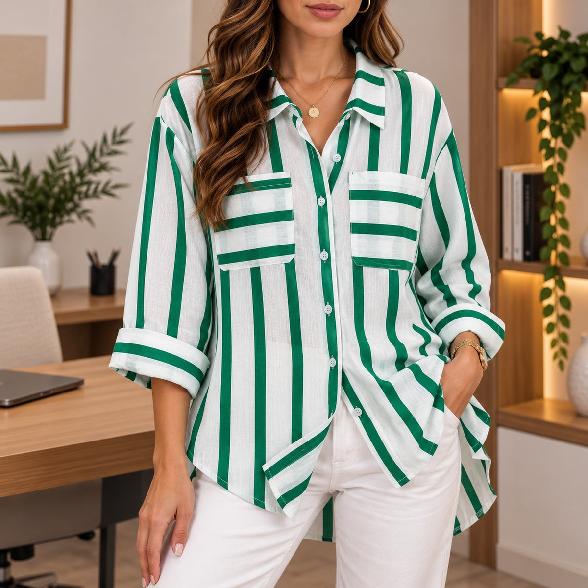 Hemdbluse Alina™ mit Kontraststreifen, Brusttaschen und weitem Schnitt