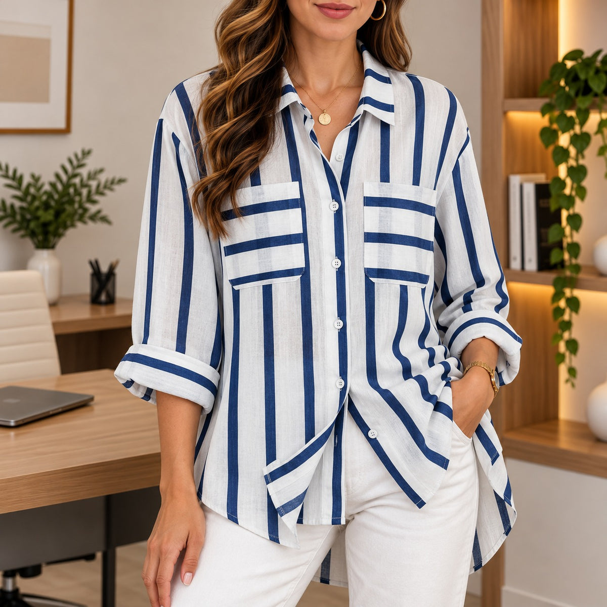 Hemdbluse Alina™ mit Kontraststreifen, Brusttaschen und weitem Schnitt
