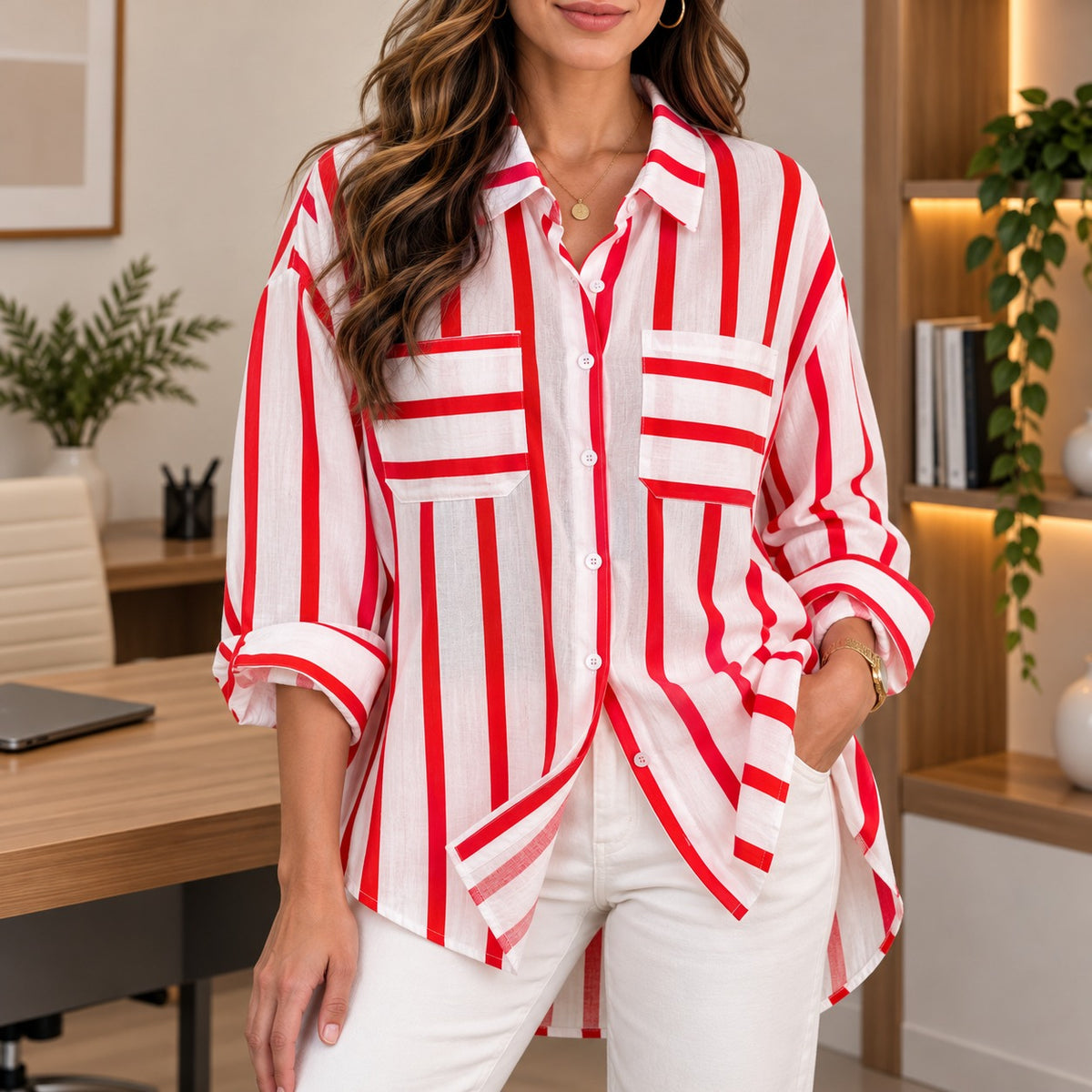 Hemdbluse Alina™ mit Kontraststreifen, Brusttaschen und weitem Schnitt