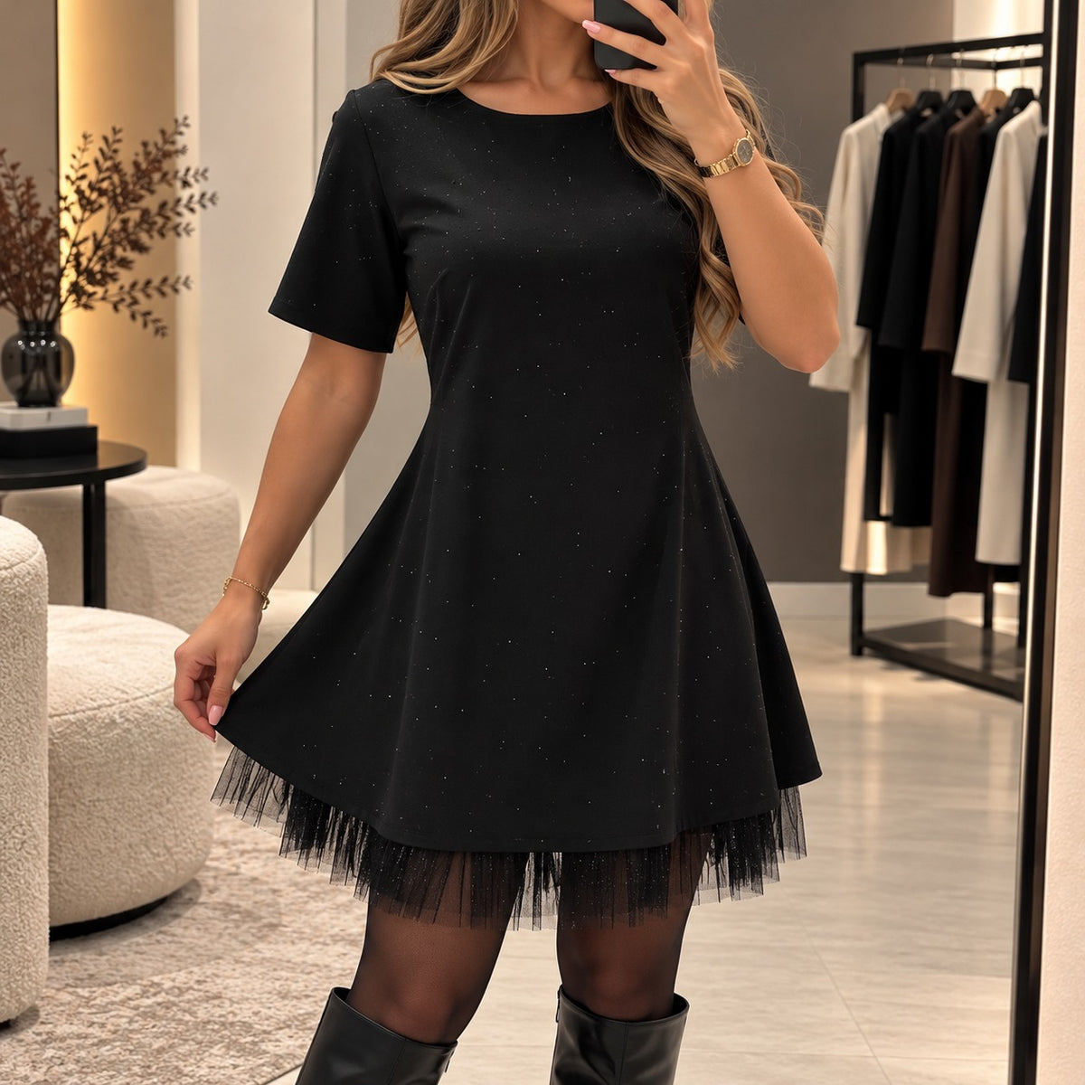 Kleid Girona™ mit ausgestelltem Schnitt, Tüllsaum und dezenten Punktdetails