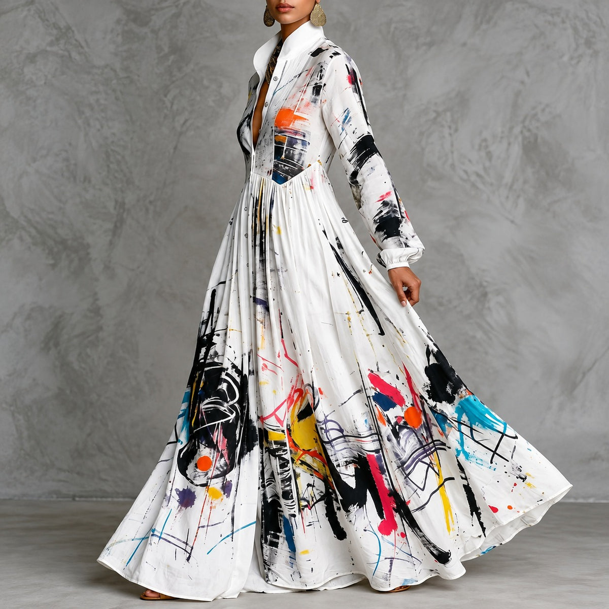 Kleid Pauline™ mit abstraktem Kunstmuster, betonter Taille und weitem Rock