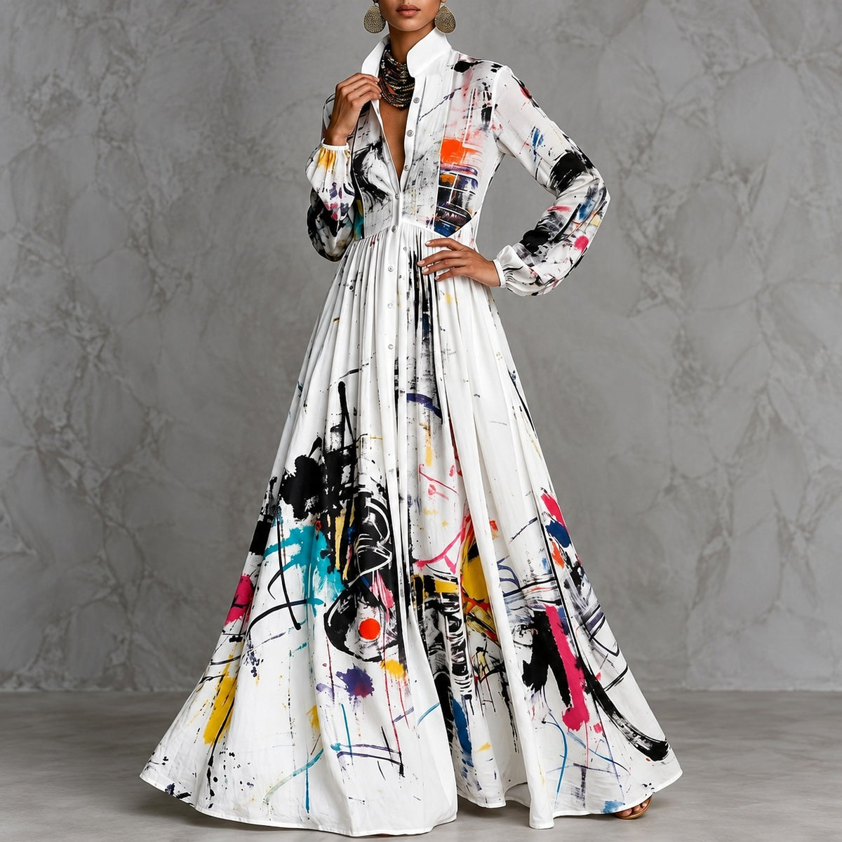 Kleid Pauline™ mit abstraktem Kunstmuster, betonter Taille und weitem Rock