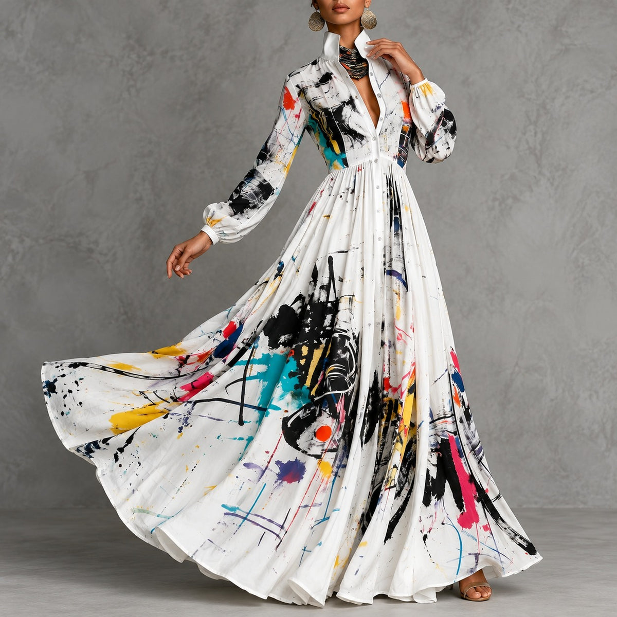 Kleid Pauline™ mit abstraktem Kunstmuster, betonter Taille und weitem Rock