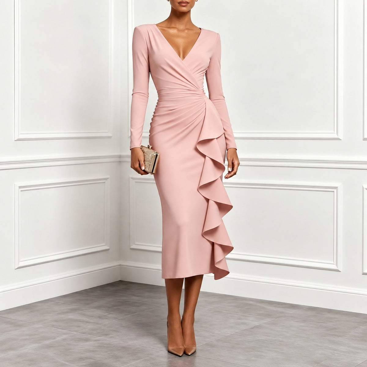 Gianna™ Midikleid mit V-Ausschnitt in Wickeloptik, Taillendrapierung und Kaskadenvolant